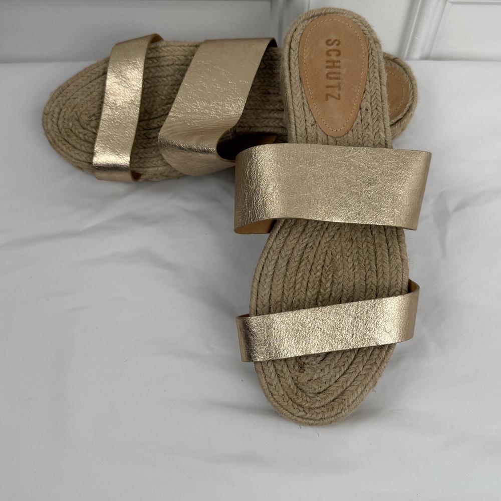 Schutz Gold Metallic Leather Double Strap Espadrille Platform Slides‎ Size 9 40